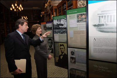 Mrs. Laura Bush is shown the "Abraham Lincoln: A Man of His Time, A Man for All Times' exhibition, Friday, Oct. 24, 2008 in New York City by Dr. James Basker, President of the Gilder Lehrman Institute of American History. The tour at the Lincoln Room of Union League Club in New York City was immediately prior to the Fifth Annual Preserve America History Teacher of the Year Award ceremony.