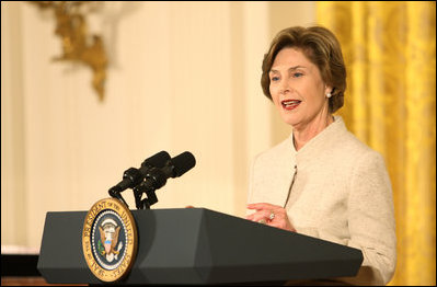 Mrs. Laura Bush addresses her remarks Monday evening, Oct. 27, 2008 in the East Room of the White House, during a celebration in honor of the 150th birthday and contributions of President Theodore Roosevelt.
