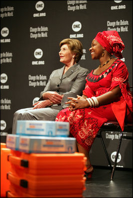 Mrs. Laura Bush sits with HIV and AIDS advocate Princess Kasune Zulu at the ONE campaign event Tuesday, Sept. 2, 2008 at the Minneapolis Convention Center in Minneapolis, during a program in support of health care workers who treat AIDS patients in African countries.