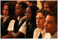 Children listen as Mrs. Laura Bush opens a performance of scenes from the National Constitutions Center's new Freedom Rising performance. The purpose of the event on Sept. 17, 2008 in the White House East Room was to make children more aware of Constitution Day and of United States history.