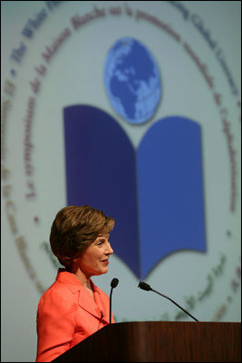 Mrs. Laura Bush address the White House Symposium on Advancing Global Literacy: Building a Foundation for Freedom, which convened at New York City's Metropolitan Museum of Art in New York City, Sept. 22, 2008. With a projection screen display to her side, Mrs. Bush noted that "literacy is at the core of sustainable solutions to the world's greatest problems." Worldwide more than 770 million adults live without literacy skills.