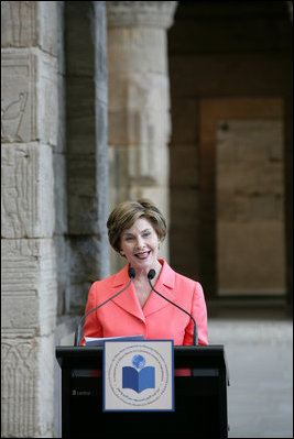 Mrs. Laura Bush opens the luncheon following the White House Symposium on Global Literacy: Building a Foundation for Freedom at the Metropolitan Museum of Art's Temple of Dendur in New York City. Mrs. Bush noted that in the morning session the group learned the outcomes of UNESCO's six regional literacy conferences from around the world.