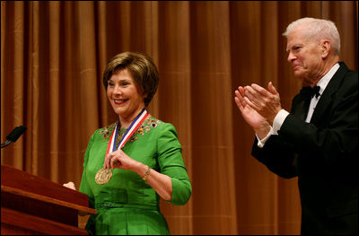 Mrs. Laura Bush is honored with the Living Legend Medallion by Dr. James Billington, the Librarian of Congress, Friday evening, Sept. 26, 2008 in Washington, D.C., during the 2008 National Book Festival Gala Performance.