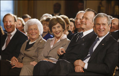 President George W. Bush and Mrs. Laura Bush are joined by his parents, former President George H. W. Bush and Mrs. Barbara Bush, during a reception in the East Room at the White House Wednesday, Jan. 7, 2009, in honor of the Points of Light Institute. President Bush's brother Neil is seen at far-left.