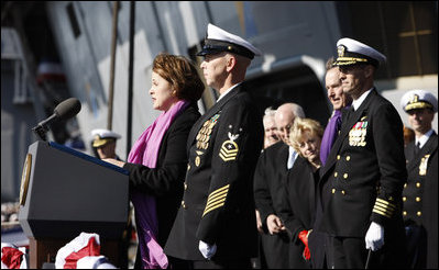 Mrs. Doro Bush Koch addresses her remarks and "brings the ship to life," prompting sailors to come aboard, during the commissioning ceremony of the USS George H. W. Bush (CVN 77) aircraft carrier Saturday, Jan 10, 2009 in Norfolk, Va., named in honor of her father, former President George H. W. Bush.