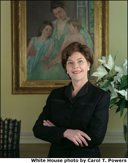Laura Bush is keenly aware of the opportunity she has to share her love of reading with Americans, especially young children. From Morningside Elementary School in San Fernando, California, to -Race for the Cure- in Washington, D.C., this former public school teacher and librarian is using her role to highlight important issues, such as teacher recruitment and early childhood cognitive development, which complement President Bush's national education goals. The following photographs highlight Mrs. Bush's initiatives and activities. White House photo by Carol T. Powers.