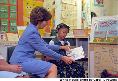 Mrs. Bush lunches her "Ready to Read, Ready to Learn" initiative at Cesar Chavez Elementary School in Hyattsville, Maryland. (February 26, 2001) White House photo by Carol T. Powers.