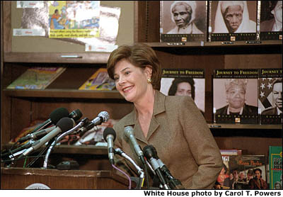 Mrs. Bush addresses questions from the media at the Patricia Roberts Harris Educational Center in Washington, D.C. (February 22, 2001) White House photo by Carol T. Powers.