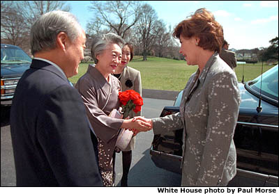 Mrs. Bush opens the Cherry Blossom Festival in Washington, D.C., with Ambassador and Mrs. Yahai of Japan. (March 25, 2001) White House photo by Paul Morse.
