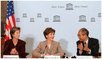 Mrs. Laura Bush, who serves as an Honorary Ambassador to the United Nations Decade of Literacy, addresses UNESCO participants during a roundtable discussion while visiting Paris Monday, Jan. 15, 2007. Following the White House Conference on Global Literacy held in September 2006, UNESCO is hosting upcoming regional literacy conferences in Qatar, Costa Rica, Azerbaijan and Asia. 