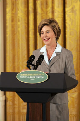 Laura Bush speaks at the National Book Festival Author's breakfast in the East Room, Saturday, Sept. 24, 2005. "Great books have brought many people through difficult times," said Mrs. Bush, explaining that the Book Festival is collecting books for schools, libraries and those affected by the recent hurricanes. "A story's setting -- real or imagined -- can provide a much-needed escape. And the characters in a good book are like old friends by the time we turn the final page." 