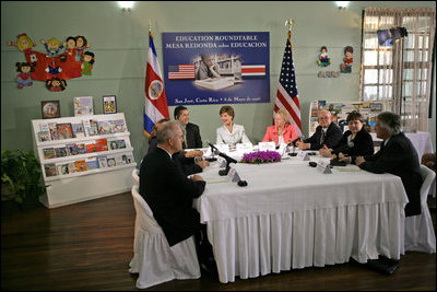 Mrs. Laura Bush participates in a roundtable discussion about education in Costa Rica during a recent trip to a school in the country's capitol city, San Jose, Monday, May 8, 2006. "As a teacher and a librarian myself, I love to visit schools around the world, and I know that you have quite a treasure in your children," said Mrs. Bush in a statement to the press. "I want to wish President Arias, the education minister, and all the teachers and children in Costa Rica the very best as everyone focuses on education to make sure every single child in Costa Rica gets a great education."