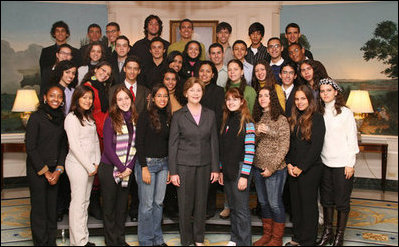 Mrs. Laura Bush poses for a photo with the Brazil Youth Ambassadors during their visit to the White House, Monday, Jan. 14, 2008. The organization promotes intercultural understanding among Brazilian and American youth.