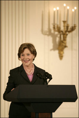 Mrs. Laura Bush delivers remarks during a ceremony for the Institute of Museum and Library Services in the East Room at the White House Monday, January 14, 2008. "Our country is fortunate to have so many outstanding museums and libraries." Mrs. Bush said during her remarks, "This year, we've expanded the IMLS awards to recognize ten institutions -- all with impressive collections, and a strong sense of responsibility to the communities that they serve." The Institute of Museum and Library Services National Awards for Museum and Library Service honor outstanding museums and libraries that demonstrate an ongoing institutional commitment to public service. It is the nation's highest honor for excellence in public service provided by these institutions.