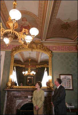 Mrs. Laura Bush is joined by Richard C. Cote, curator, U.S. Department of the Treasury, as she views the completed restoration of the Salmon P. Chase suite in the U.S. Treasury Building, Thursday, Jan. 11, 2007, in Washington, D.C., part of a tour showing the first major restoration at the U.S. Treasury Building, a National Historic Landmark. White House photo by Shealah Craighead 