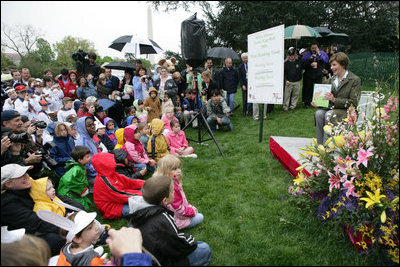 Mrs. Laura Bush reads a story to children attending the 2006 White House Easter Egg Roll, Monday, April 17, 2006 on the South Lawn of the White House. White House photo by Shealah Craighead