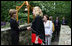 Mrs. Laura Bush greets the directors of Presidential Libraries Wednesday, June 4, 2008, at the entrance to Camp David's Evergreen Chapel in Thurmont, Maryland. Mrs. Bush shakes hands with Ms.Nancy Smith, Director of the National Archives' Presidential Material Staff in Alexandria, VA.