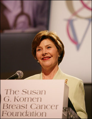 Mrs. Laura Bush addresses an audience at the Susan G. Komen Breast Cancer Foundation’s 2006 Mission Conference in Washington, DC. Mrs. Bush announced the U.S.-Middle East Partnership for Breast Cancer Awareness and Research which allows governments, hospitals, researchers, and survivors to work with each other to help defeat breast cancer.The partnership will include the U.S. State Department, the Susan G. Komen Foundation, MD Anderson Cancer Center, The John Hopkins University and both the United Arab Emirates and the Kingdom of Saudi Arabia. White House photo by Shealah Craighead 