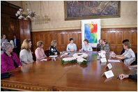 Mrs. Laura Bush and Dr. Klara Dobrev, wife of Hungarian Prime Minister Ferenc Gyurcsanys, participate in a roundtable discussion about breast cancer awareness in Budapest, Hungary, Thursday, June 22, 2006. White House photo by Shealah Craighead .