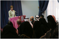 Mrs. Laura Bush delivers remarks regarding the U.S.-Middle East partnership on breast cancer awareness and research Monday, Oct. 22, 2007, at the Sheikh Khalifa Medical Center in Abu Dhabi, United Arab Emirates. 