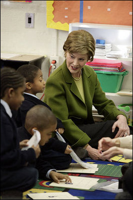 Mrs. Laura Bush visits a kindergarten classroom and participates in a reading lesson Wednesday, Jan. 30, 2008, at Holy Redeemer School in Washington, D.C.