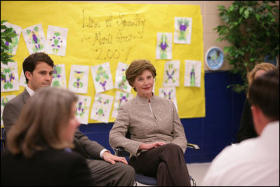 Mrs. Laura Bush participates in a discussion with school and local officials Thursday, Feb. 22, 2007 at the D’Iberville Elementary School in D’Iberville, Miss., about the continued progress of the children and the community in the aftermath of Hurricane Katrina.