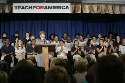 Mrs. Laura Bush delivers remarks at the New Orleans Charter Science and Mathematics High School Thursday, April 19, 2007, in New Orleans, La. "Schools are essential to the recovery that's under way," said Mrs. Bush. "And we know that young people who have suffered trauma heal best when they can resume a normal routine at their own school."