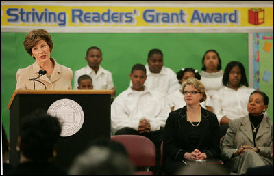 Mrs. Laura Bush addresses an audience at the Avon Avenue Elementary School, Thursday, March 16, 2006 in Newark, N.J., where Mrs. Bush announced a Striving Readers grant to Newark Public Schools. The grant will be used to support programs to improve students reading skills.