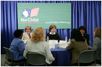 Mrs. Laura Bush is joined by U.S. Department of Education Secretary Margaret Spellings at a roundtable discussion with Ohio teachers during “Celebrating Teachers” week, Tuesday, May 2, 2006 at the Thurber Center in Columbus, Ohio, highlighting the importance of teachers in children's lives. Moderator of the discussion is Deepa Ganschinietz, far right, the 2006 Ohio Teacher of the Year. White House photo by Kimberlee Hewitt 