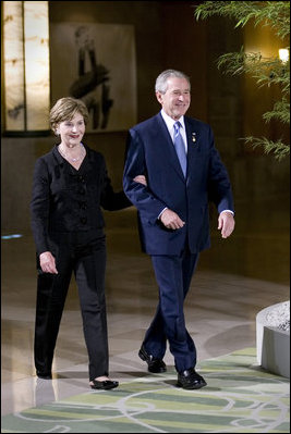 President George W. Bush and Mrs. Laura Bush attend the July 7, 2008, dinner with G8 leaders and their spouses at the Windsor Toya Resort and Spa in Toyako, Japan.