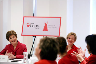 Mrs. Laura Bush and Dr. Elizabeth Nabel, Director of the National Heart, Lung and Blood Institute, participate in a women’s heart health roundtable in New York Friday, Feb. 2, 2007, to highlight the Heart Truth campaign during American Heart Month. This year marks the fifth anniversary of the Heart Truth and new data shows more women are aware that heart disease is the number one killer of women, and that fewer women are dying of heart disease. White House photo by Shealah Craighead 