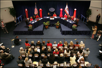 Mrs. Laura Bush participates in a panel discussion during American Heart Month at the Reagan Presidential Library and Museum Wednesday, Feb. 28, 2007, in Simi Valley, Calif. Since the Heart Truth campaign began five years ago, more women have become aware that heart disease is the 
