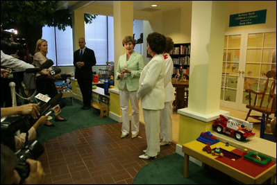 Mrs. Laura Bush speaks to the media during her visit Friday, May 25, 2007, to the Childhelp Children's Advocacy Center in Phoenix. Mrs. Bush commended the work of organizations that serve abused or neglected children, and highlighted the role that caring adults can play in preventing and reporting child abuse.