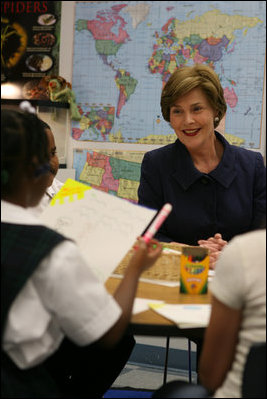 Mrs. Laura Bush visits with students at the Good Shepherd Nativity Mission School, Thursday, Nov. 1, 2007 in New Orleans, a Helping America's Youth visit with Big Brother and Big Sisters of Southeast Louisiana. Mrs. Bush thanked the group saying,"We know that positive role models are essential to young people's success."