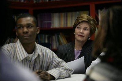 Laura Bush sits in on a Skills Mastery and Resistance Training (SMART Moves) discussion group for teens at the Germantown Boys and Girls Club Tuesday, Feb. 3, 2005 in Philadelphia, The program helps teens learn to develop decision-making skills to deal with drug and alcohol abuse and premature sexual activity.
