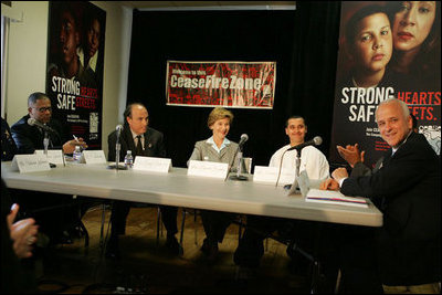Laura Bush discusses strategies to reduce violence with Chicago's law enforcement personnel, residents, clergy, medical professionals and youth during her visit to the Chicago Project for Violence Prevention.s CeaseFire Chicago program in Chicago June 2, 2005.