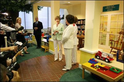  Mrs. Laura Bush speaks to the media during her visit Friday, May 25, 2007, to the Childhelp Children's Advocacy Center in Phoenix. Mrs. Bush commended the work of organizations that serve abused or neglected children, and highlighted the role that caring adults can play in preventing and reporting child abuse.