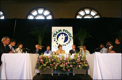 As part of Helping Americas Youth initiative, Mrs. Laura Bush participates in a roundtable discussion during a visit to Team Focus's National Leadership Camp Thursday, June 21, 2007, in Mobile, Ala. Team Focus recently initiated a mom's support group, where mothers can discuss the challenges of parenting fatherless boys. 