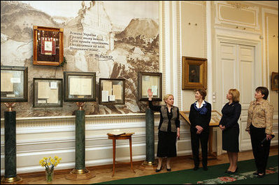 Mrs. Laura Bush, Mrs. Kateryna Yushchenko, and Dr. Deborah Taylor, wife of U.S. Ambassador to Ukraine Bill Taylor, tour the Taras Shevchenko National Museum in Kyiv Tuesday, April 1, 2008. The museum honors the great Ukrainian poet, artist, and thinker who died in 1861 at the age of 47 after spending 10 years in exile for his opposition to the social and national oppression of the Ukrainian people.