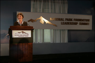 Mrs. Laura Bush addresses the National Park Foundation's Leadership Summit on Partnership and Philanthropy Monday, Oct. 15, 2007, in Austin, Texas. "Through its 40 years of stewardship, the National Park Foundation has helped preserve these magnificent places for future generations," said Mrs. Bush. "Through educational programs and public awareness campaigns, the Foundation has encouraged millions of Americans to discover our natural and historical treasures."