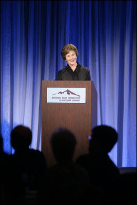 Mrs. Laura Bush addresses the National Park Foundation's Leadership Summit on Partnership and Philanthropy Inaugural Founders Award Dinner Monday, Oct. 15, 2007, in Austin, Texas. "Lady Bird Johnson wanted every American to experience the magic of our national parks. She made park preservation a priority of her husband's administration," said Mrs. Bush. "She championed the National Historic Preservation Act, which President Johnson signed 41 years ago today. The Act launched the first coordinated federal effort to safeguard our country's heritage, and has led to four decades of terrific preservation work throughout the United States."