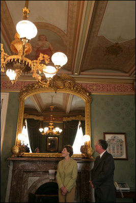 Mrs. Laura Bush is joined by Richard C. Cote, curator, U.S. Department of the Treasury, as she views the completed restoration of the Salmon P. Chase suite in the U.S. Treasury Building, Thursday, Jan. 11, 2007, in Washington, D.C., part of a tour showing the first major restoration at the U.S. Treasury Building, a National Historic Landmark.