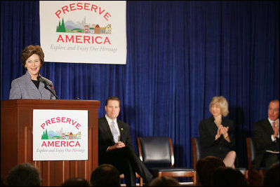 Laura Bush delivers remarks Thursday, March 9, 2006, in Washington, DC, during an award ceremony honoring 45 Preserve America communities who received grants to help them develop resource management strategies and sound business practices for continued preservation and use of their heritage assets. Twenty-eight states were represented in the first round of Preserve America grants with a total of $3.5 million awarded. White House photo by Shealah Craighead 