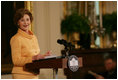 Mrs. Laura Bush welcomes guests to the East Room of the White House Monday, May 12, 2008, as she congratulates the recipients of the 2008 Preserve America Presidential Awards. The African Burial Ground Project, The Corinth and Alcorn County Mississippi Heritage Tourism Initiative, the Lower East Side Tenement Museum and the Texas Historic Courthouse Preservation Program were all honored for their efforts in preserving our national historic sites.