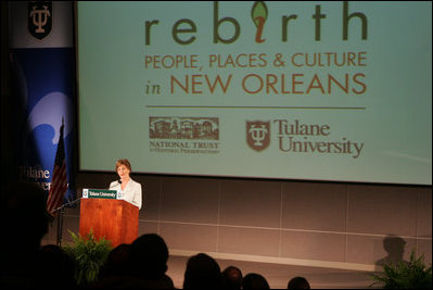 Mrs. Laura Bush announces that she will be leading a Preserve America Summit in partnership with the Advisory Council on Historic Preservation during a conference at Tulane University in New Orleans Wednesday, May 31, 2006. The summit highlights how cultural attractions, especially along the Gulf Coast, can benefit their local communities. White House photo by Shealah Craighead 