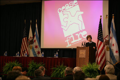 Mrs. Laura Bush addresses her remarks at the CeaseFire CEO Summit at the University of Illinois at Chicago, Thursday, March 29, 2007, where Mrs. Bush praised the CeaseFire Chicago program as an outstanding example of how communities can work together to provide our nation's youth with a safe and positive place to learn and grow.