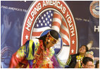 A member of The Seven Falls Indian Dancers performs during the second regional Helping America's Youth Conference on Friday, August 4, 2006, in Denver, Colorado. The dancers are from the Pawnee, Flandreau Santee-Sioux Crow Creek Sioux, and Cheyenne River Sioux tribes. The troupe has been dancing throughout Colorado for over 25 years. White House photo by Shealah Craighead 
