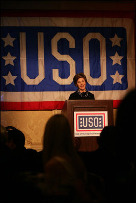 Mrs. Laura Bush addresses her remarks during the 25th Anniversary United Service Organizations (USO) of Metropolitan Washington Annual Awards Dinner in Arlington, Va., March 27, 2007, where Mrs. Bush was presented with the 2007 USO Service Award.