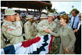 Laura Bush thanks the men and women of the United States Military and the National Guard and Reserves for their service to our Nation during her remarks in Winter Haven, Fla., Saturday, May 1, 2004 "You are the face of American compassion abroad. You will have a greater impact than you can ever imagine on people that you will only know for a brief time. But you have delivered the greatest gift they will ever know -- you've sacrificed your own comfort, your own safety, and your own lives so that others might know freedom."