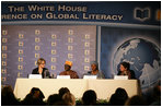 Secretary of Education Margaret Spellings participates in a panel discussion on Mother-Child Literacy and Intergenerational Learning during the White House Conference on Global Literacy Monday, Sept. 18, 2006, at the New York Public Library. Joining Secretary Spellings from left are: Maria Diarra Keita, Founding Director, Institute for Popular Education in Mali; Florence Molefe, Facilitator, the Family Literacy Project in South Africa, and Dr. Perri Klass, Medical Doctor and President of the Reach Out and Read National Center and Professor of Journalism and Pediatrics, New York University. White House photo by Shealah Craighead 